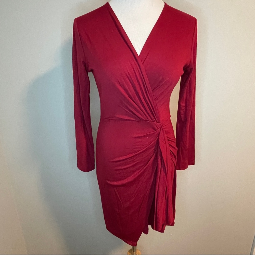 Fraiche by J cranberry red asymmetrical faux wrap mini dress - Picture 1 of 6